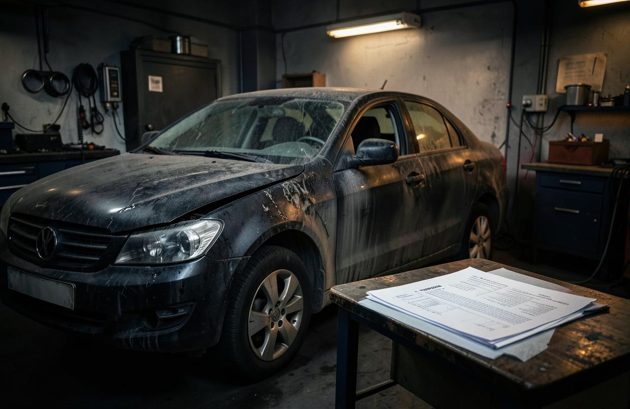 Poškozený automobil nebo technické zařízení v dílně vedle servisních dokumentů
