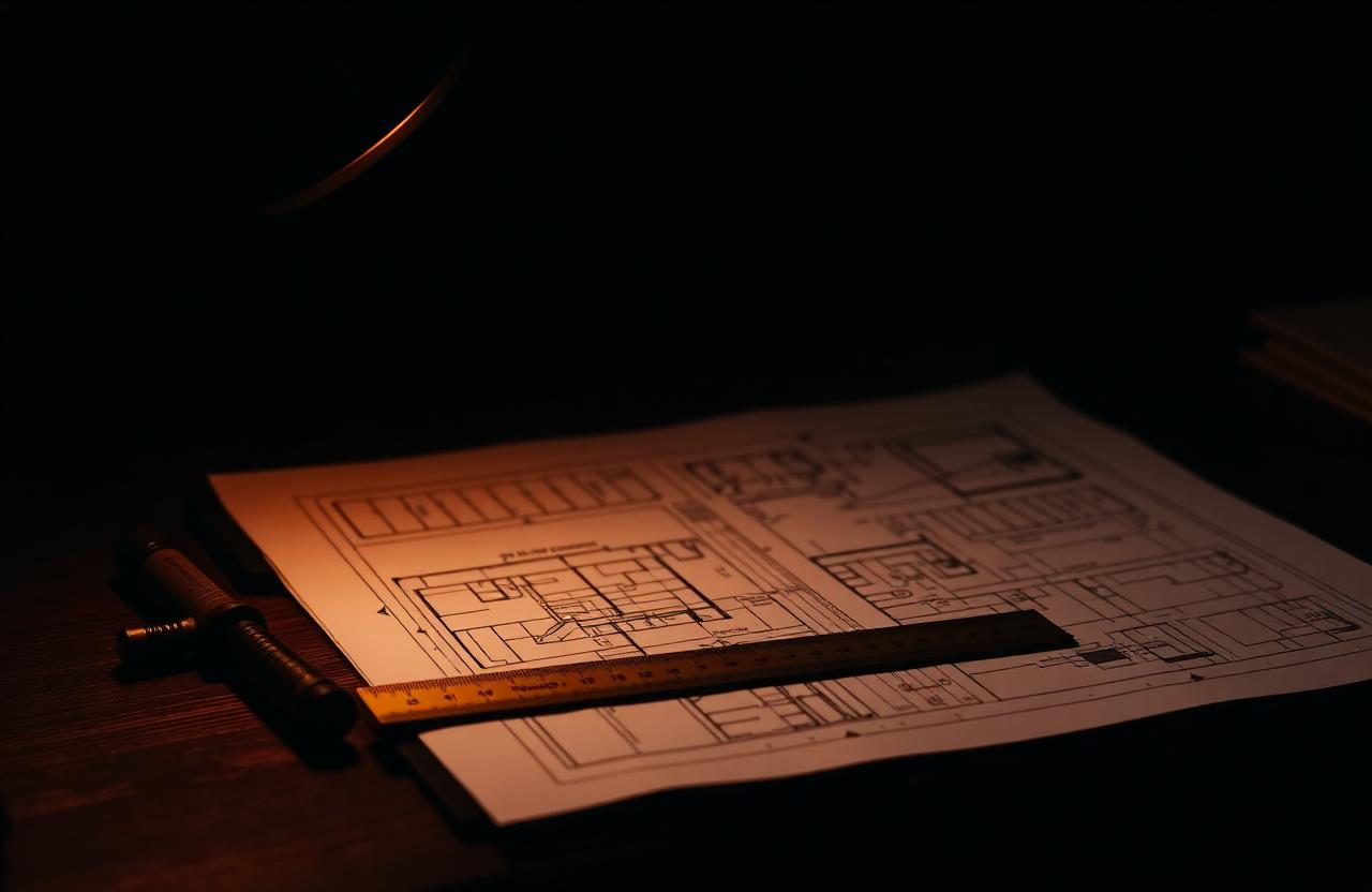 Architektonický výkres s pravítkem a tužkou na tmavém stole